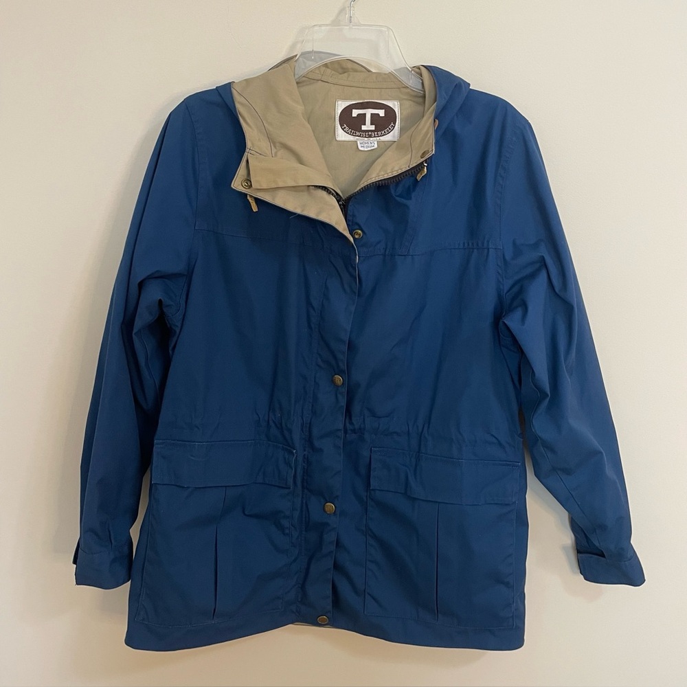 Trailwise Berkeley Vintage Dark Teal and Tan Hooded Rain Jacket Coat Wm Sz L